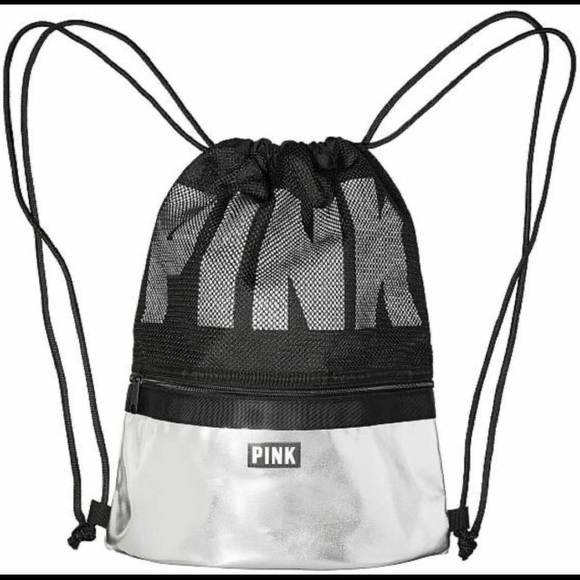 VS PINK GYM DRAWSTRING BACKPACK SILVER AND BLACK